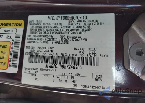 2017 Ford Fusion Se z USA, uszkodzony, nr VIN 3FA6P0HD8HR246566